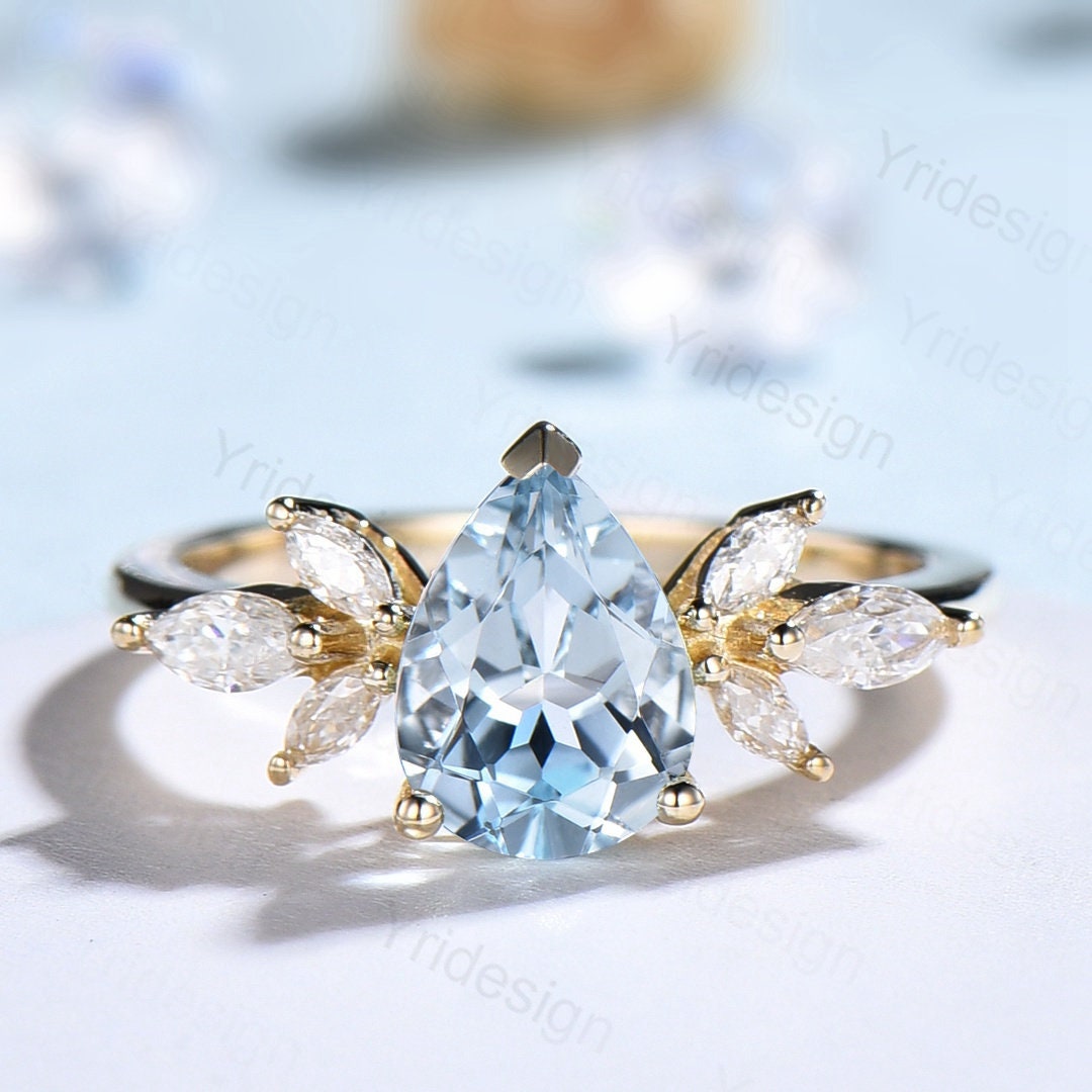 Pear shape aquamarine ring Vintage aquamarine engagement ring 14k gold cluster Marquise moissanite promise ring for women Bridal ring gift - PENFINE