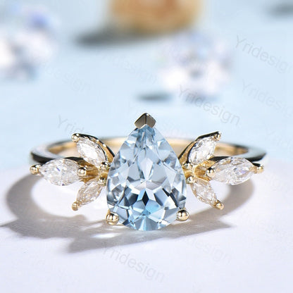 Pear shape aquamarine ring Vintage aquamarine engagement ring 14k gold cluster Marquise moissanite promise ring for women Bridal ring gift - PENFINE