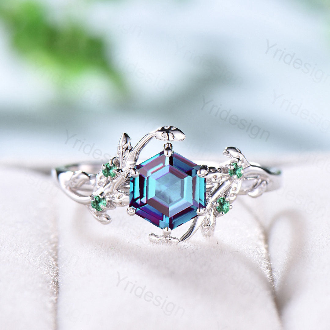 14K Rose Gold Vintage alexandrite ring Unique Leaf vine wedding ring women Hexagon cut engagement ring cluster emerald alternative ring - PENFINE