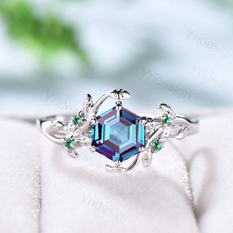 14K Rose Gold Vintage alexandrite ring Unique Leaf vine wedding ring women Hexagon cut engagement ring cluster emerald alternative ring - PENFINE