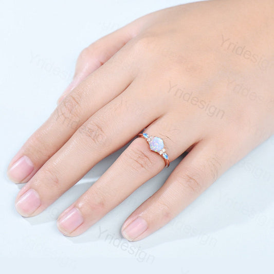 Hexagon Cut Opal Ring For Women Elegant Opal Engagement Ring Gold Art Deco Marquise Moonstone Wedding Ring Unique Cluster Moissanite Ring - PENFINE