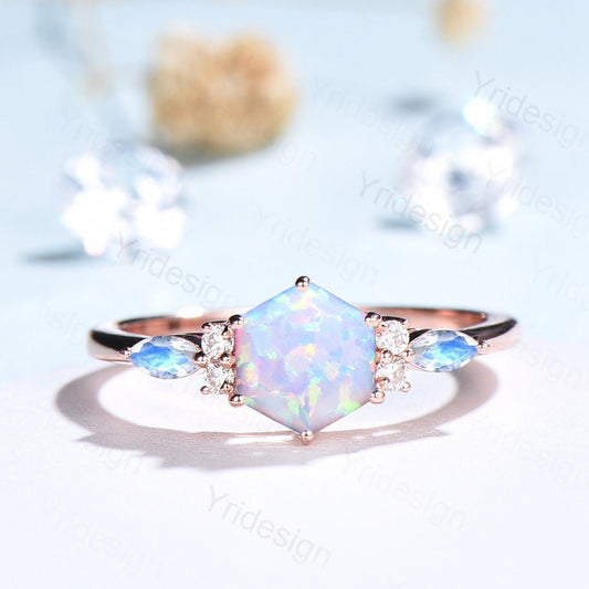 Hexagon Cut Opal Ring For Women Elegant Opal Engagement Ring Gold Art Deco Marquise Moonstone Wedding Ring Unique Cluster Moissanite Ring - PENFINE