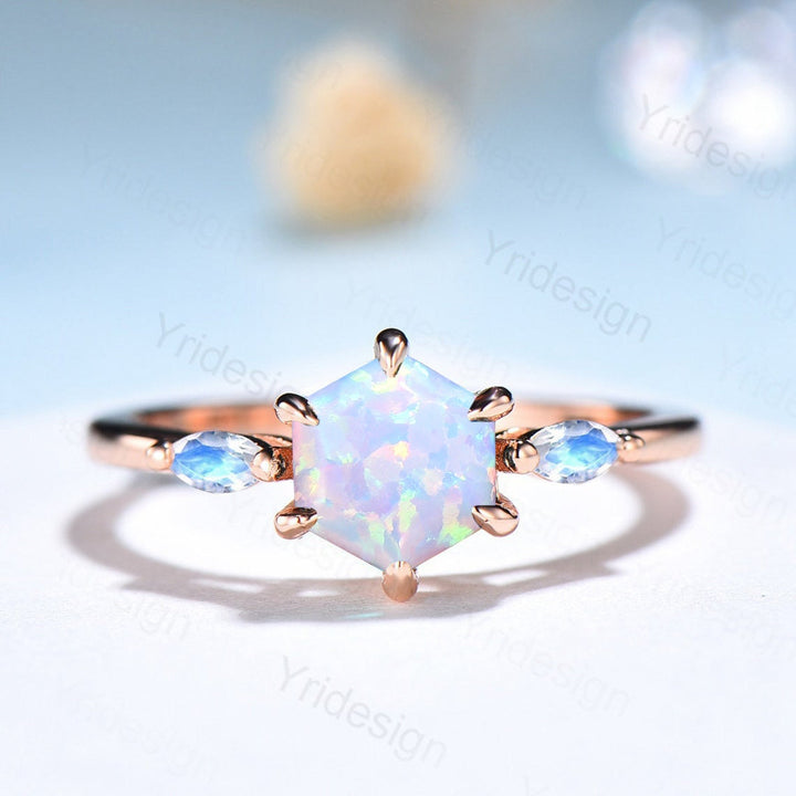 White Fire Opal Ring Hexagon Cut Opal Engagement Ring Vintage Three Stone Marquise Moonstone Wedding Ring Women 6 Prongs Anniversary Ring - PENFINE