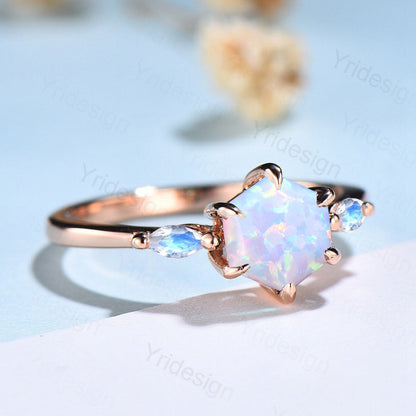 White Fire Opal Ring Hexagon Cut Opal Engagement Ring Vintage Three Stone Marquise Moonstone Wedding Ring Women 6 Prongs Anniversary Ring - PENFINE