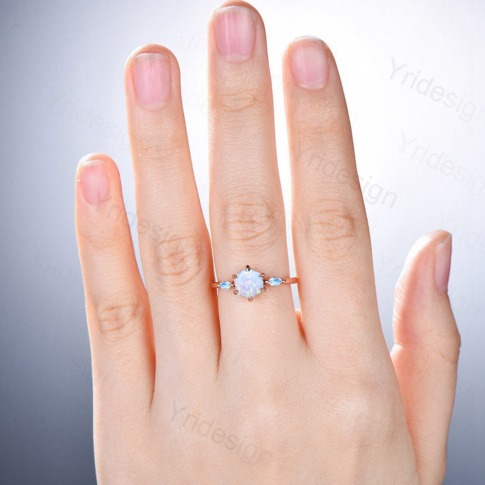 White Fire Opal Ring Hexagon Cut Opal Engagement Ring Vintage Three Stone Marquise Moonstone Wedding Ring Women 6 Prongs Anniversary Ring - PENFINE