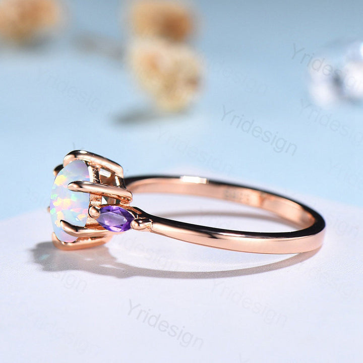 Solitaire Opal engagement ring six Prongs Marquise cut Amethyst ring for women vintage three stone art deco amethyst bridal ring gifts - PENFINE