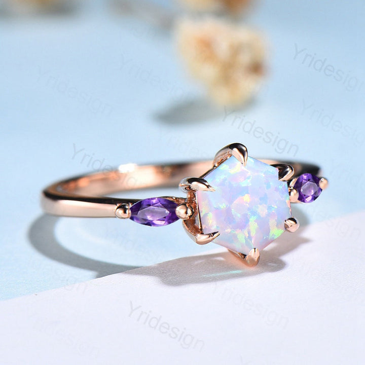 Solitaire Opal engagement ring six Prongs Marquise cut Amethyst ring for women vintage three stone art deco amethyst bridal ring gifts - PENFINE