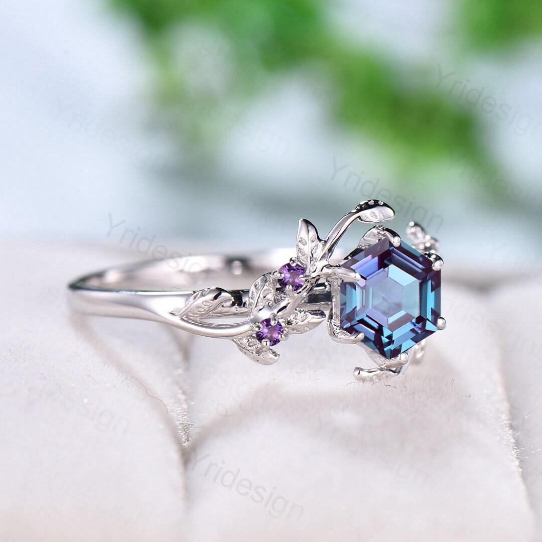 Vintage Hexagon Alexandrite engagement ring Unique natural inspired gold leaf engagement ring branch cluster amethyst wedding ring women - PENFINE