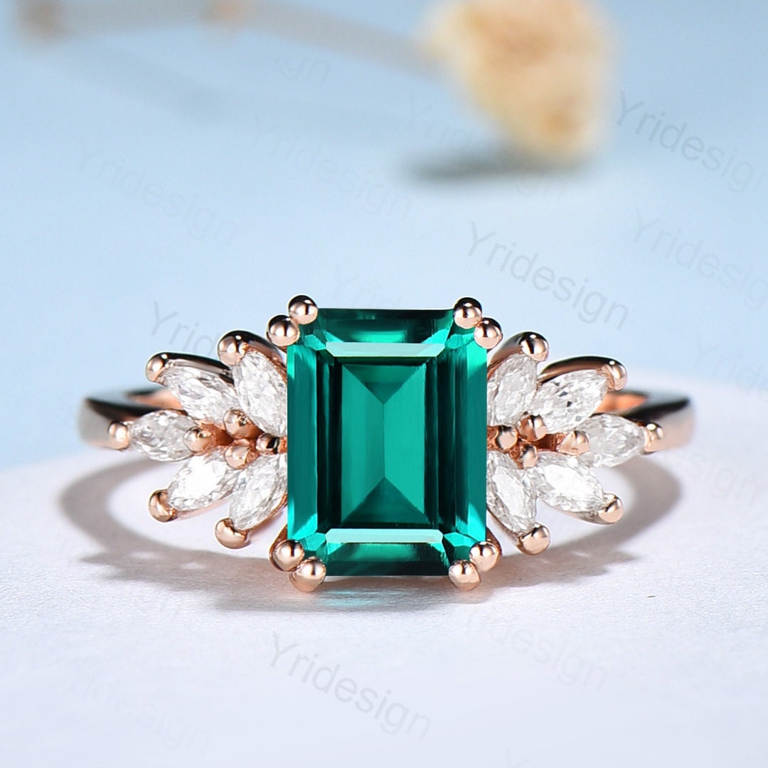 Vintage Emerald cut emerald ring 14k rose gold unique emerald engagement ring antique cluster marquise moissanite wedding ring for women - PENFINE