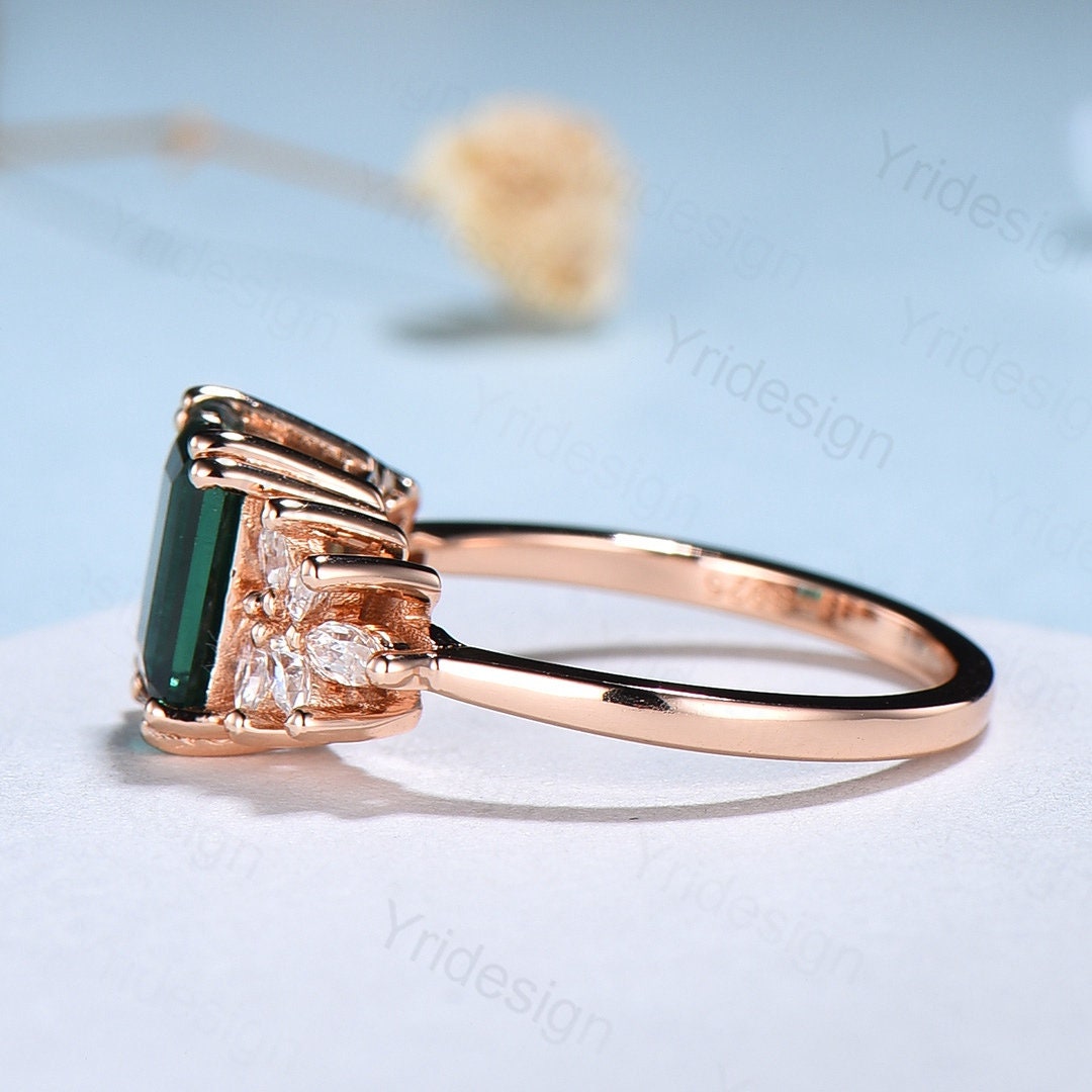 Vintage Emerald cut emerald ring 14k rose gold unique emerald engagement ring antique cluster marquise moissanite wedding ring for women - PENFINE