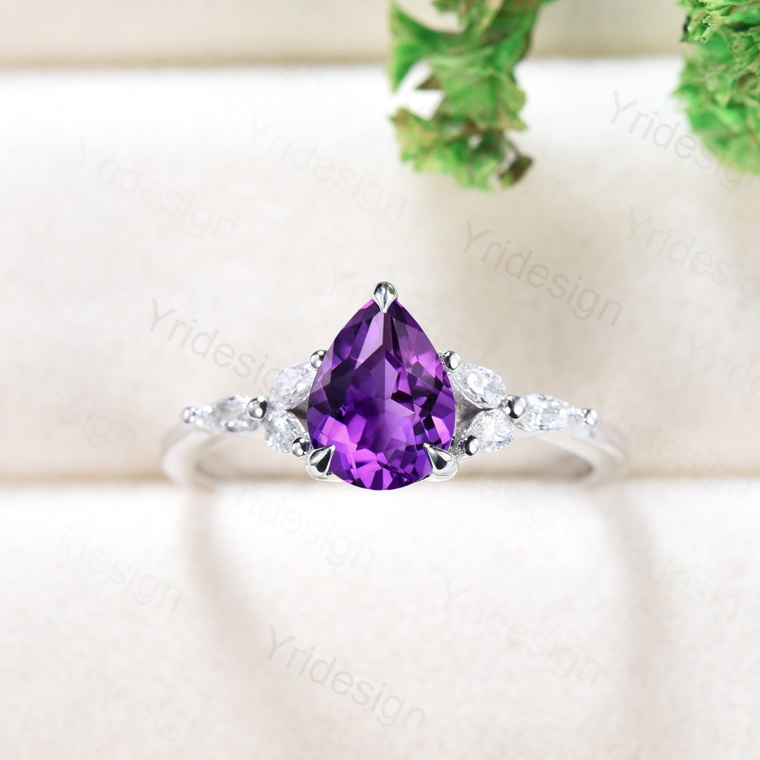 Natural Amethyst Engagement Ring / Pear Purple Amethyst Ring For Women / Vintage Rose Gold Cluster Ring February Birthstone promise ring - PENFINE