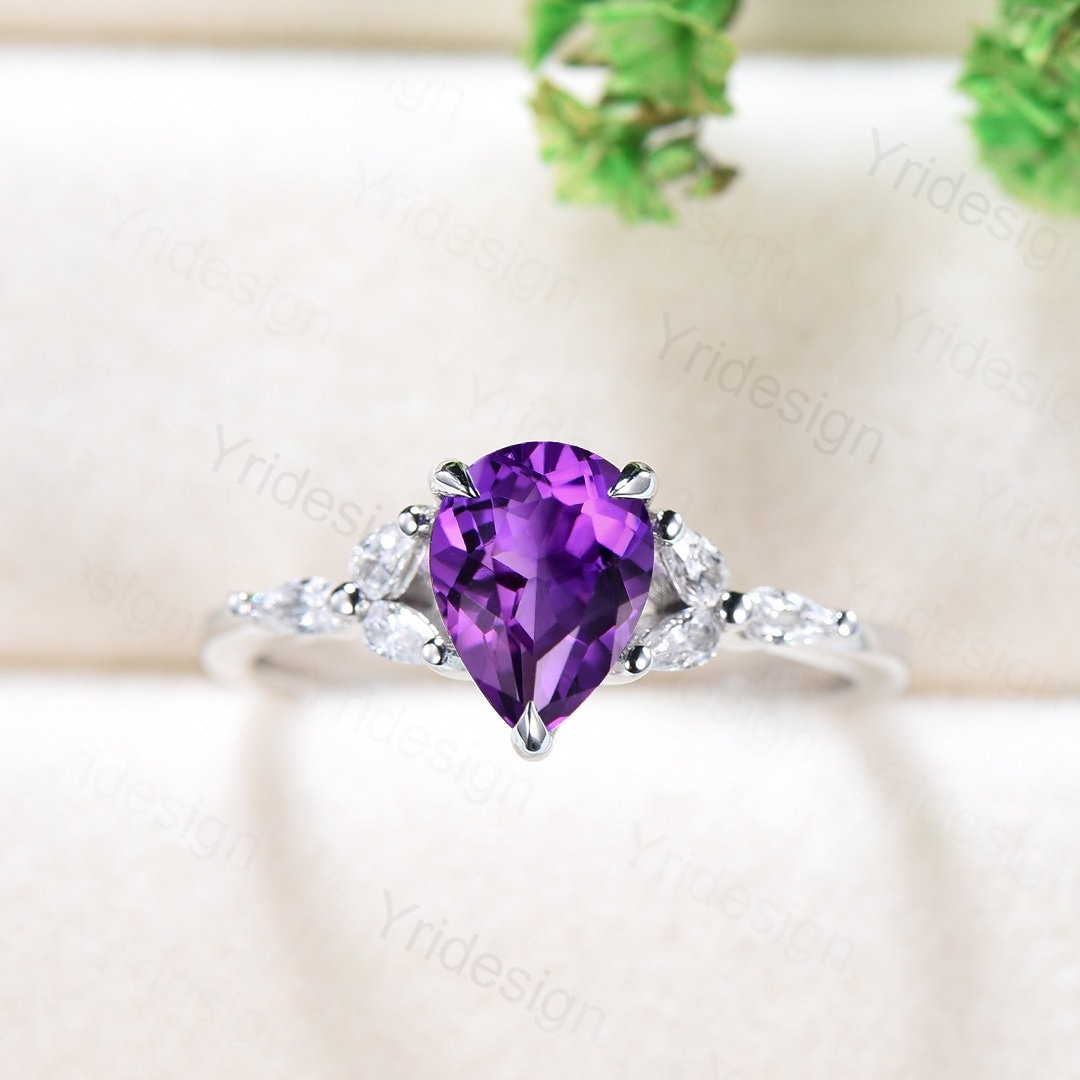Natural Amethyst Engagement Ring / Pear Purple Amethyst Ring For Women / Vintage Rose Gold Cluster Ring February Birthstone promise ring - PENFINE