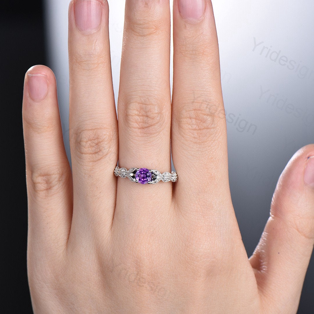 Dainty Amethyst Engagement Ring Purple Amethyst Promise Ring For Women Art Deco 14k white gold bridal ring February Birthstone bride ring - PENFINE