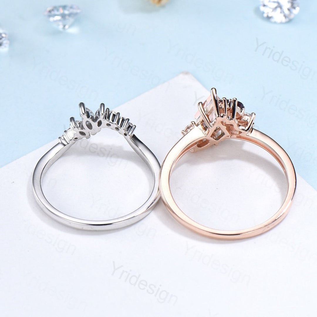 Vintage Kite cut morganite ring rose gold silver unique morganite engagement ring cluster alexandrite bridal wedding ring set women gift - PENFINE