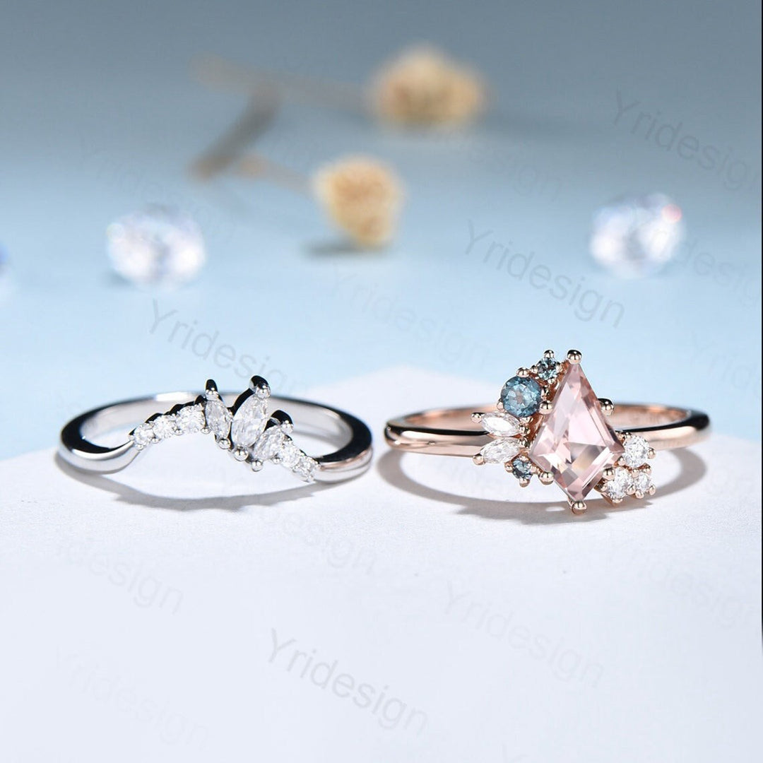 Vintage Kite cut morganite ring rose gold silver unique morganite engagement ring cluster alexandrite bridal wedding ring set women gift - PENFINE