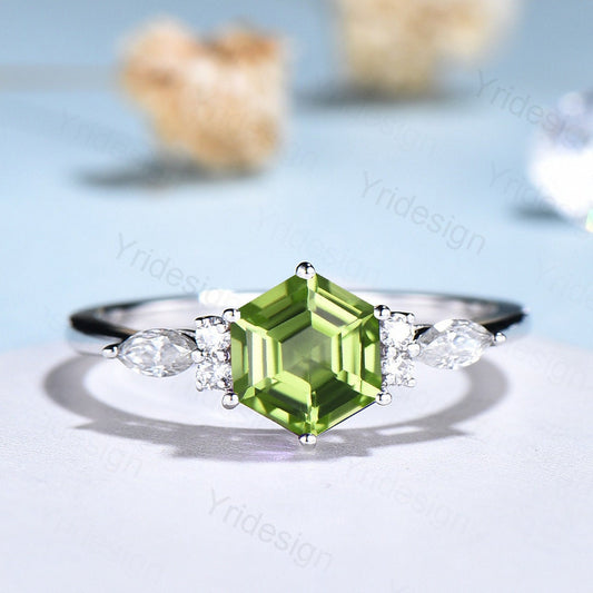 Hexagon Peridot engagement ring art deco white gold silver ring 7 stone vintage moissanite ring for women promise anniversary ring gift - PENFINE