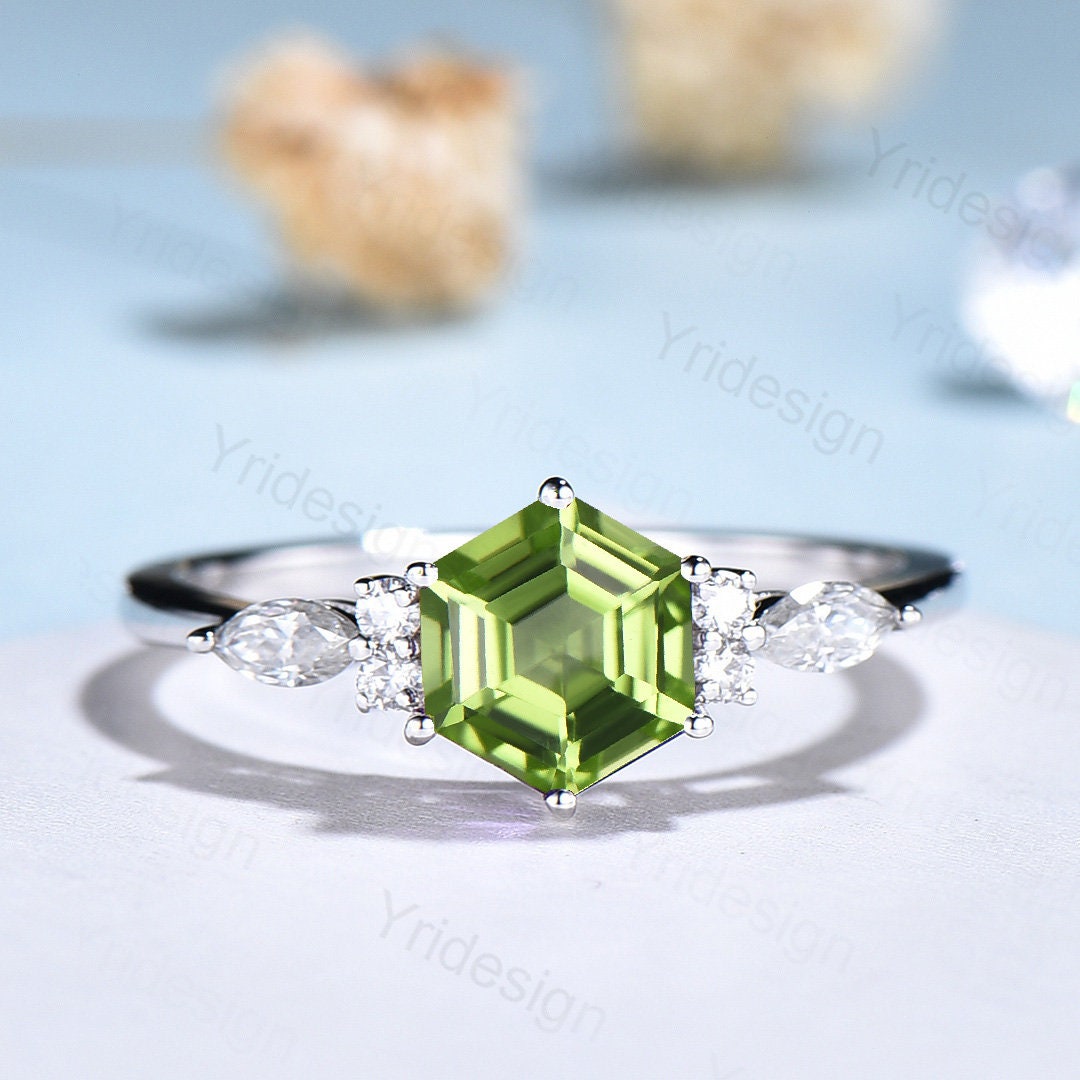 Hexagon Peridot engagement ring art deco white gold silver ring 7 stone vintage moissanite ring for women promise anniversary ring gift - PENFINE