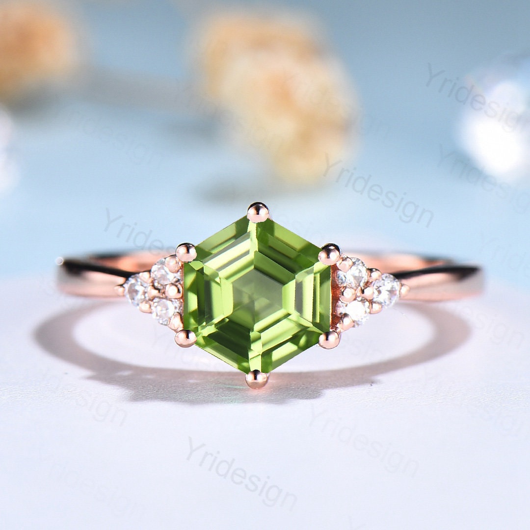 Dainty Hexagon Peridot engagement ring art deco rose gold silver ring Minimalist vintage diamond ring women promise anniversary ring gift - PENFINE