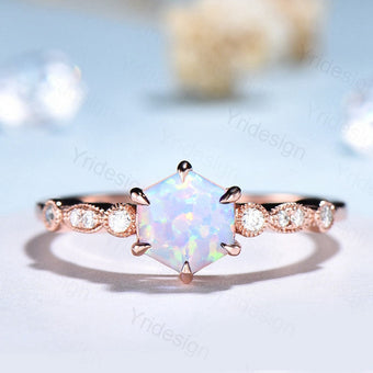 Hexagon opal ring dainty vintage white opal engagement ring art deco 6 prongs sterling silver simulated CZ bride ring for women promise ring - PENFINE