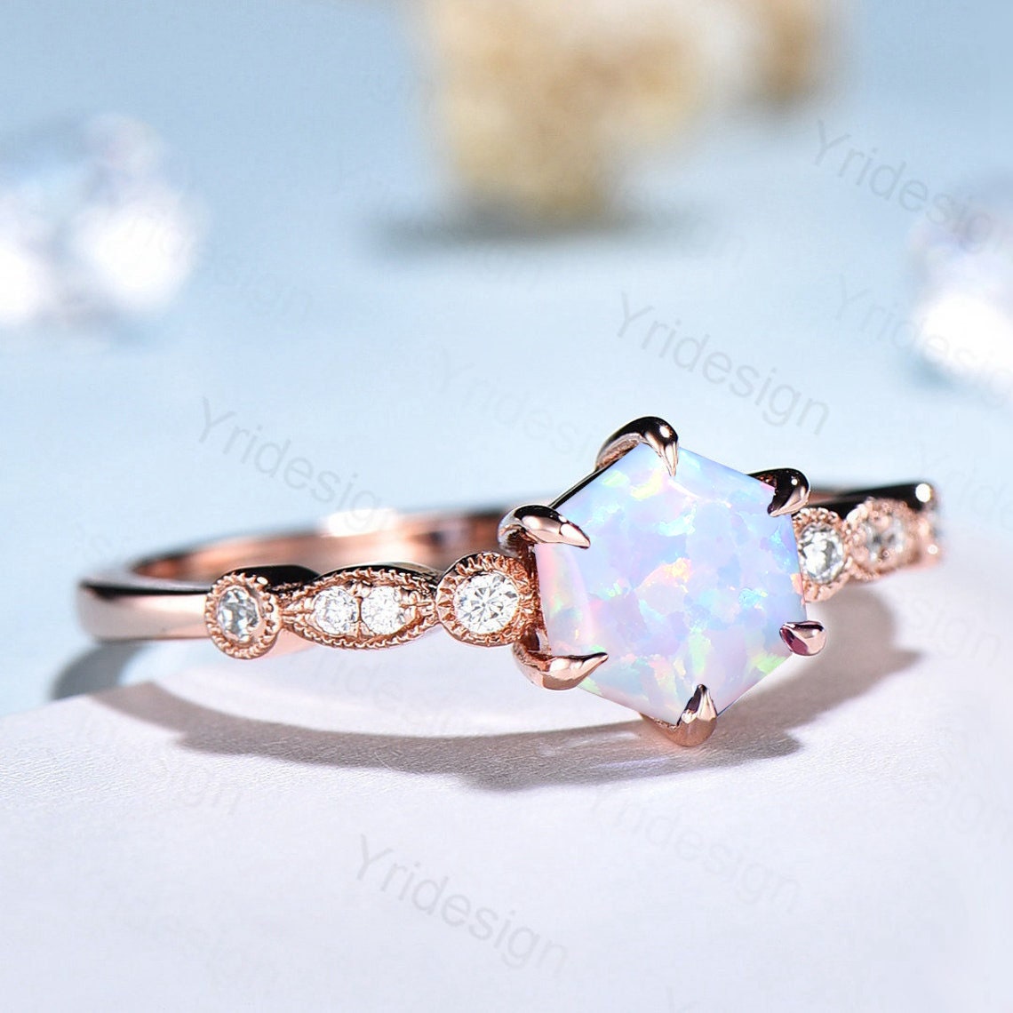 Hexagon opal ring dainty vintage white opal engagement ring art deco 6 prongs sterling silver simulated CZ bride ring for women promise ring - PENFINE