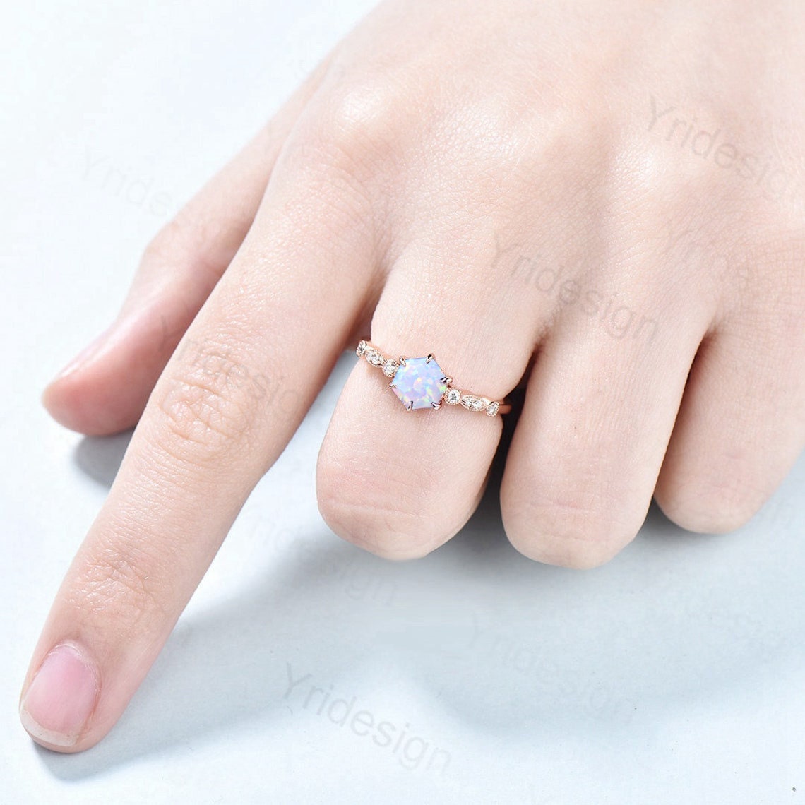 Hexagon opal ring dainty vintage white opal engagement ring art deco 6 prongs sterling silver simulated CZ bride ring for women promise ring - PENFINE
