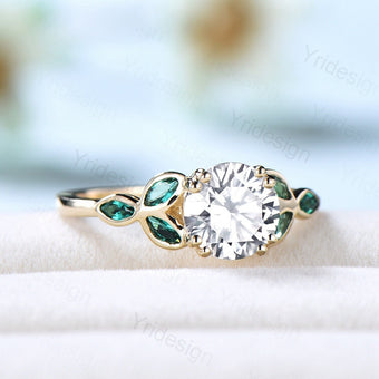 1CT Moissanite Engagement Ring with Lab Emerald Accents Solid Gold Moissanite Wedding Ring Art Deco Promise Ring Anniversary Bridal Gift - PENFINE