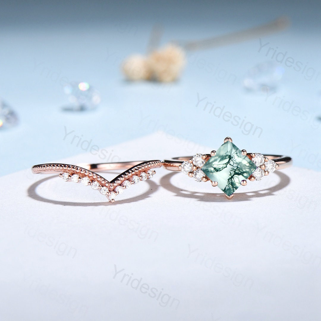 Princess Cut Moss Agate Ring 14K Rose Gold 2CT Vintage Moss Agate engagement Ring Set Unique Art Deco Moissanite Bridal Ring For Women - PENFINE