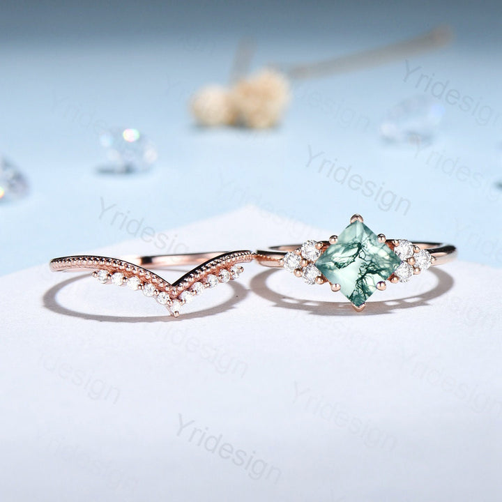 Princess Cut Moss Agate Ring 14K Rose Gold 2CT Vintage Moss Agate engagement Ring Set Unique Art Deco Moissanite Bridal Ring For Women - PENFINE