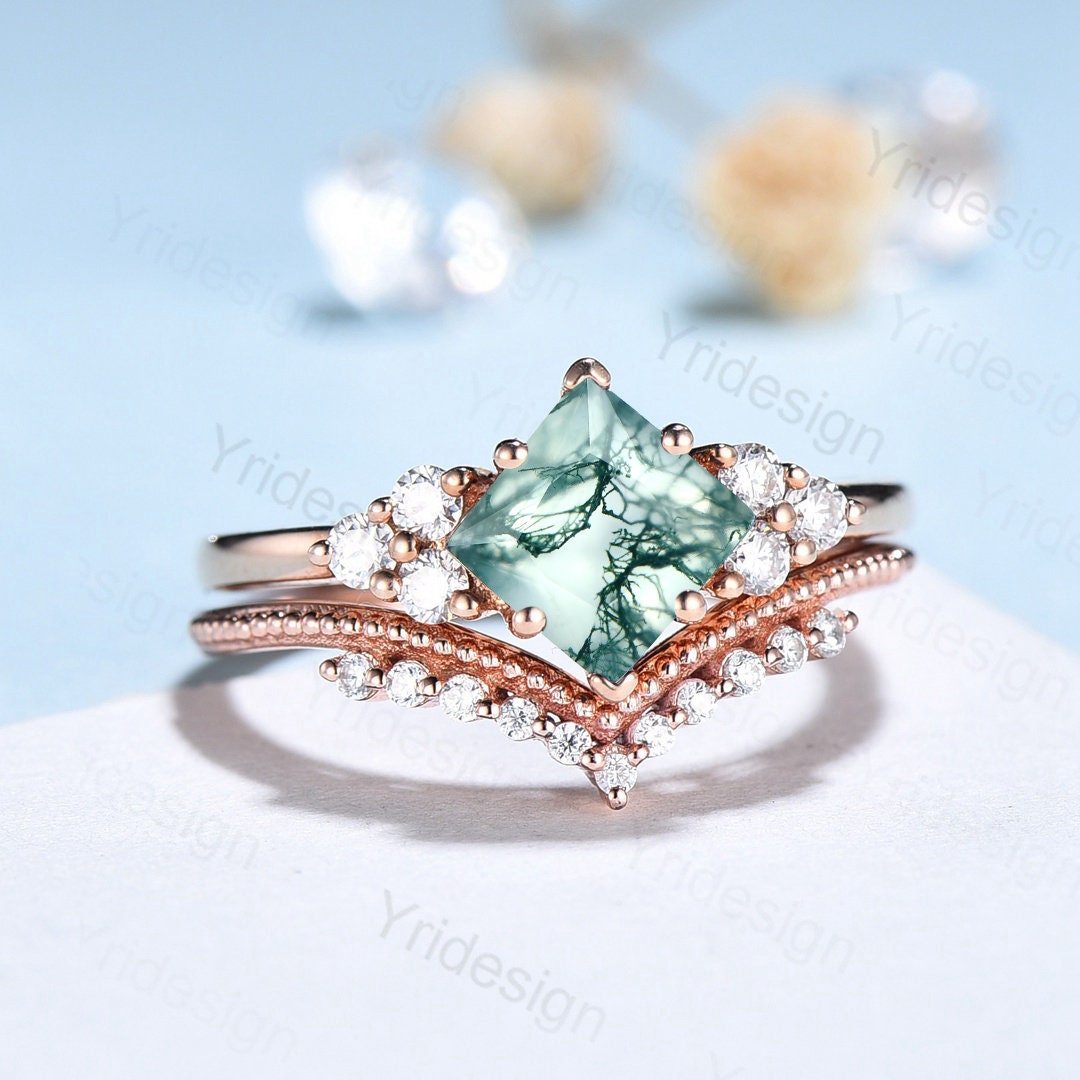 Princess Cut Moss Agate Ring 14K Rose Gold 2CT Vintage Moss Agate engagement Ring Set Unique Art Deco Moissanite Bridal Ring For Women - PENFINE