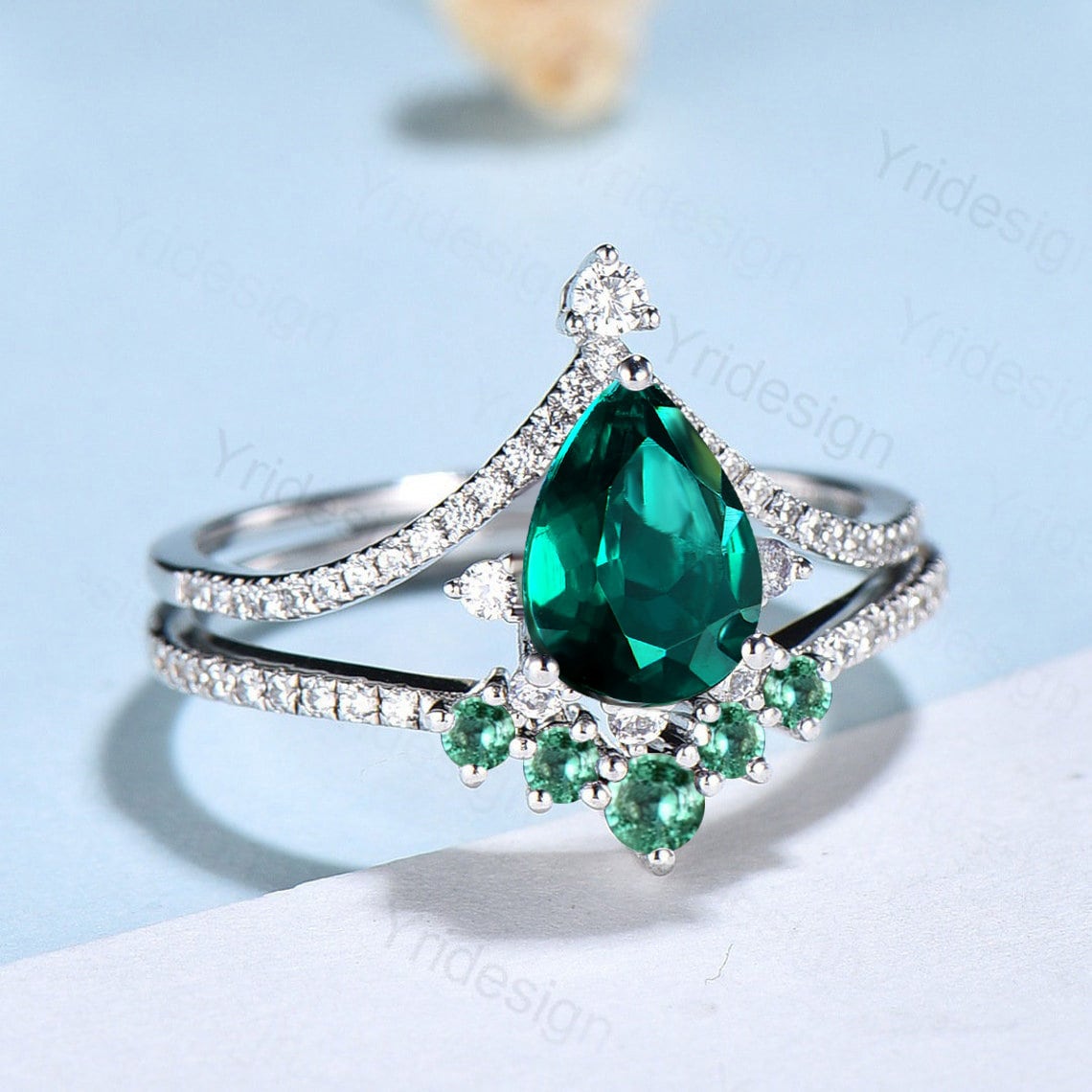 Vintage Pear shaped emerald wedding set art deco unique  emerald diamond engagement ring promise ring for women bridal ring Anniversary Gift - PENFINE