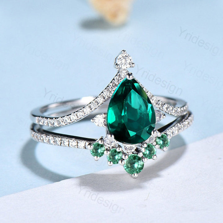 Vintage Pear shaped emerald wedding set art deco unique  emerald diamond engagement ring promise ring for women bridal ring Anniversary Gift - PENFINE