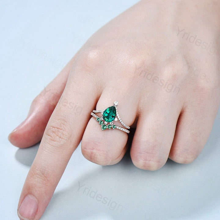 Vintage Pear shaped emerald wedding set art deco unique  emerald diamond engagement ring promise ring for women bridal ring Anniversary Gift - PENFINE