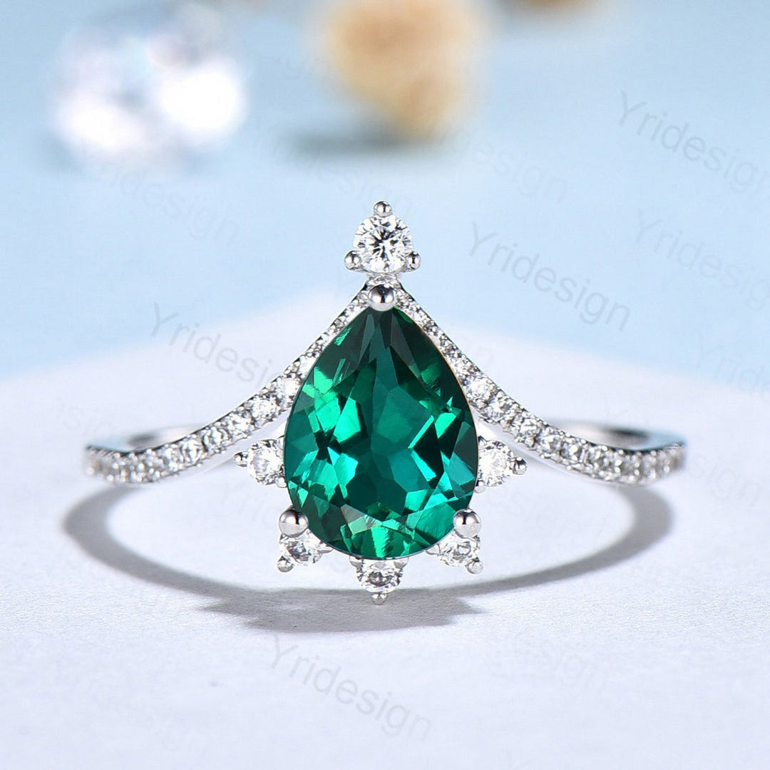 Vintage Pear shaped emerald wedding set art deco unique  emerald diamond engagement ring promise ring for women bridal ring Anniversary Gift - PENFINE