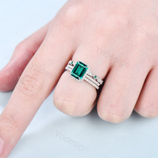 Emerald Cut Emerald Ring 2CT Engagement Ring Set Halo Diamond Solid White gold Wedding Set Moissanite Bridal Promise Ring Anniversary Gift - PENFINE