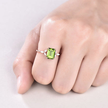 Vintage Emerald Cut Peridot Ring Rose Gold-14K/18K Art Deco Green Marquise Diamond Engagement Ring Wedding Ring Women Anniversary Ring - PENFINE