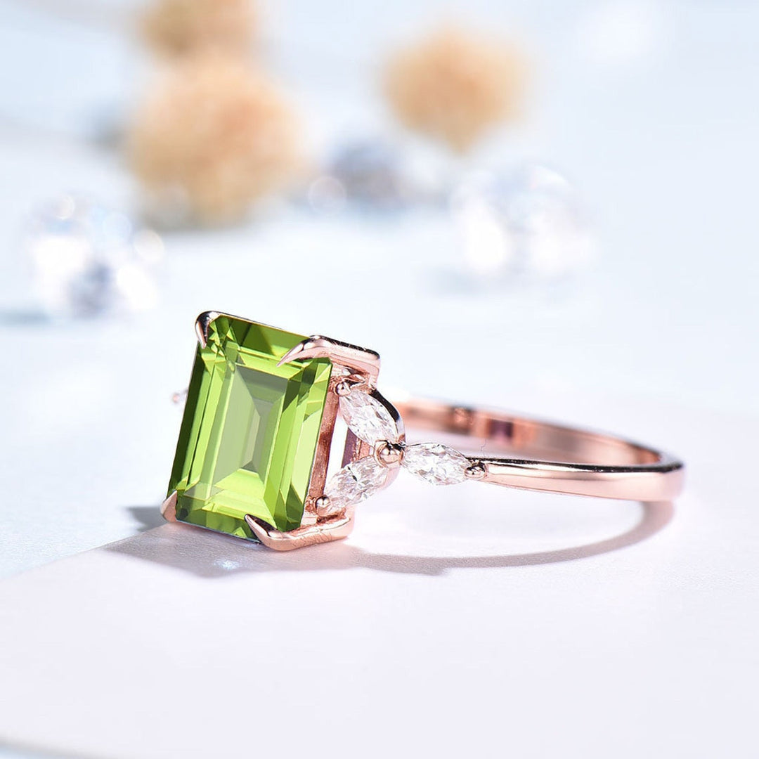 Vintage Emerald Cut Peridot Ring Rose Gold-14K/18K Art Deco Green Marquise Diamond Engagement Ring Wedding Ring Women Anniversary Ring - PENFINE