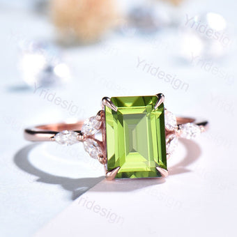 Vintage Emerald Cut Peridot Ring Rose Gold-14K/18K Art Deco Green Marquise Diamond Engagement Ring Wedding Ring Women Anniversary Ring - PENFINE
