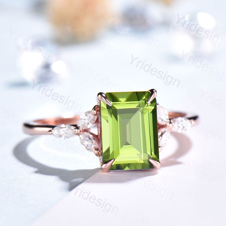 Vintage Emerald Cut Peridot Ring Rose Gold-14K/18K Art Deco Green Marquise Diamond Engagement Ring Wedding Ring Women Anniversary Ring - PENFINE
