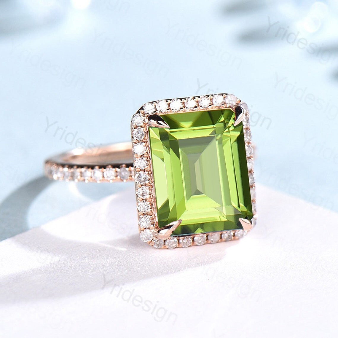 8X10mm Emerald Cut Peridot Ring Rose Gold 4CT Peridot Engagement Ring Vintage Halo Diamond Green Stone Wedding Ring Women Anniversary Ring - PENFINE