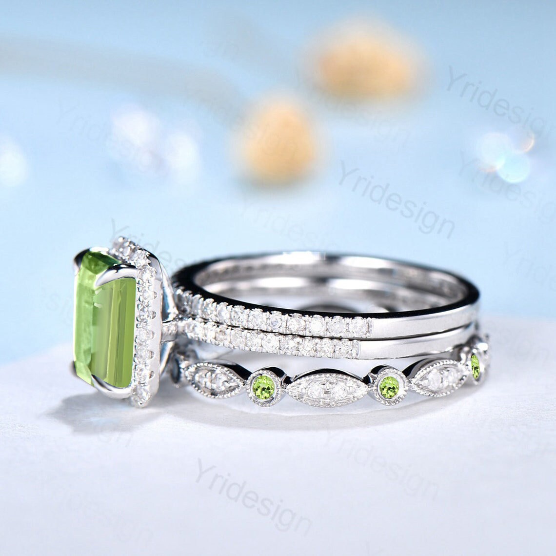 Emerald Cut Peridot Ring 2CT Engagement Ring Set Halo Diamond Solid White gold  Wedding Set Moissanite Bridal Promise Ring Anniversary Gift - PENFINE