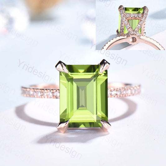 Vintage Emerald Cut Peridot Engagement Ring Hidden Halo Basket 3CT Peridot and diamond  Ring For Women Rose Gold Anniversary Ring For Her - PENFINE