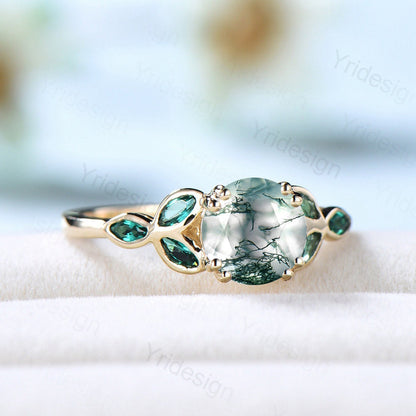 Vintage Moss Agate Engagement Ring Marquise Emerald and Agate wedding ring for women Bezel set art deco green stone bridal ring gift for her - PENFINE