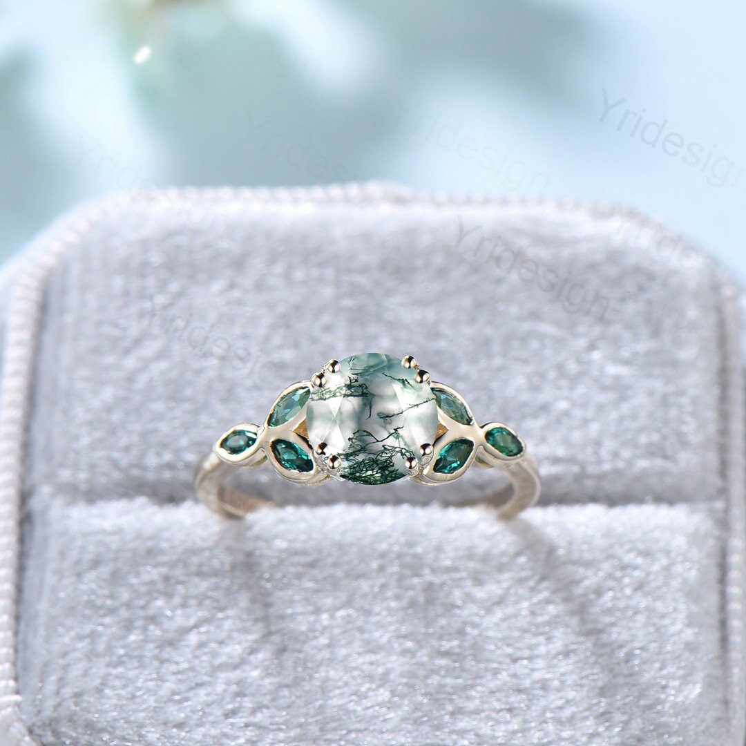 Vintage Moss Agate Engagement Ring Marquise Emerald and Agate wedding ring for women Bezel set art deco green stone bridal ring gift for her - PENFINE