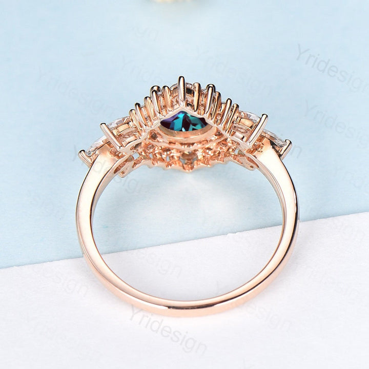 Vintage Flower Alexandrite Ring Unique Marquise Moonstone Engagement Ring Queen Halo Moissanite Wedding Ring Women June Birthstone Jewelry - PENFINE