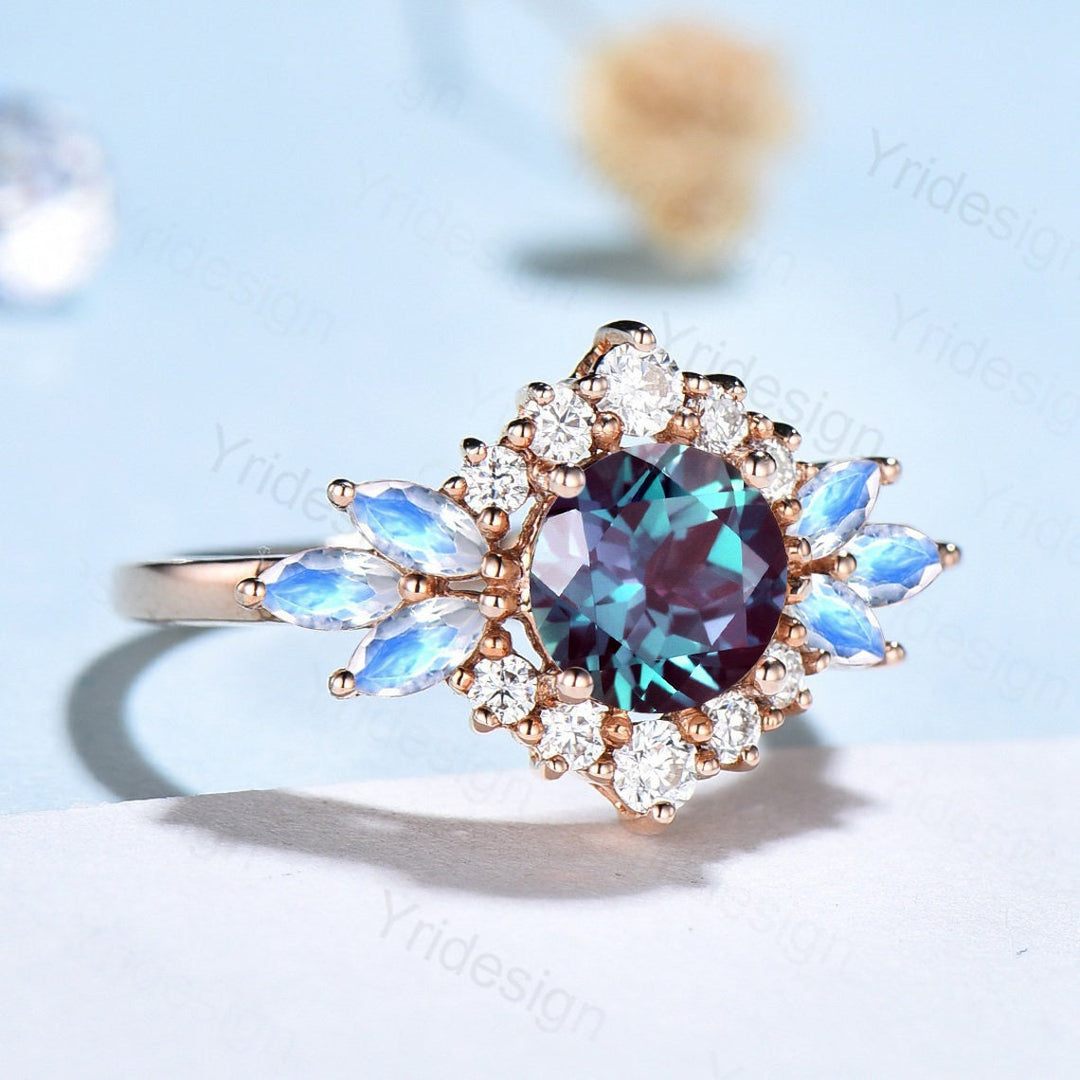 Vintage Flower Alexandrite Ring Unique Marquise Moonstone Engagement Ring Queen Halo Moissanite Wedding Ring Women June Birthstone Jewelry - PENFINE