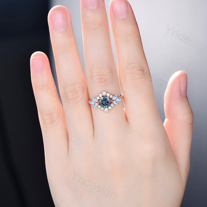 Vintage Flower Alexandrite Ring Unique Marquise Moonstone Engagement Ring Queen Halo Moissanite Wedding Ring Women June Birthstone Jewelry - PENFINE