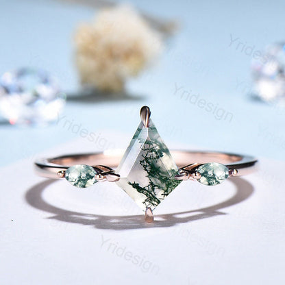 Vintage kite cut moss agate ring solid 14k rose gold marquise cut green agate engagement ring unique wedding ring for women anniversary gift - PENFINE