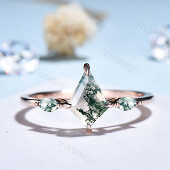 Vintage kite cut moss agate ring solid 14k rose gold marquise cut green agate engagement ring unique wedding ring for women anniversary gift - PENFINE
