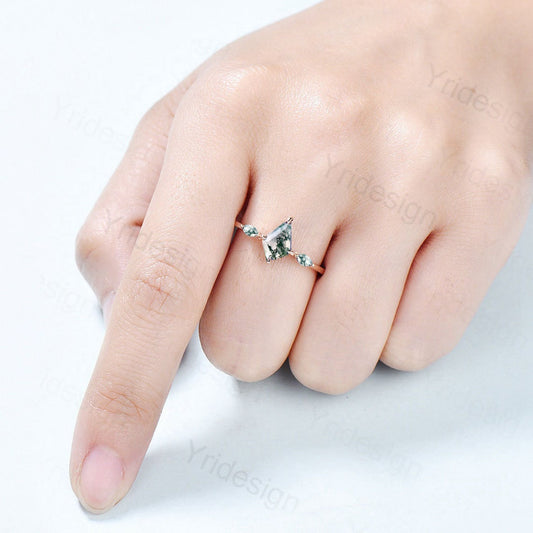 Vintage kite cut moss agate ring solid 14k rose gold marquise cut green agate engagement ring unique wedding ring for women anniversary gift - PENFINE