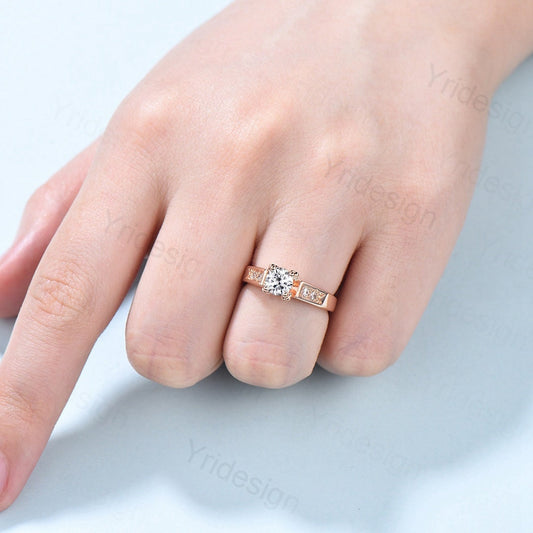 Unique Moissanite Engagement Ring Rose Gold Art Deco Promise Diamond Ring,Vintage Moissanite Rings For Women Moissaninte Jewelry - PENFINE